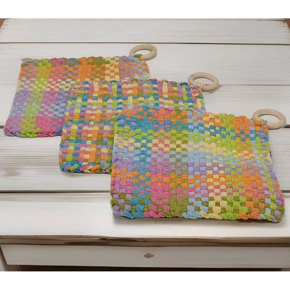 Handmade Potholder Multicolor Set Coastal Cottage‎ Farmhouse Boho Set of 3